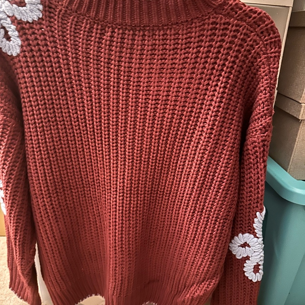 Three Bird Nest Burgundy Sweater with Blue Floral Design - Picture 3 of 4